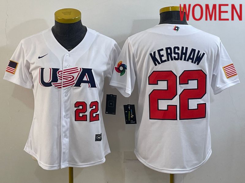 Women 2023 World Cub USA 22 Kershaw White Nike MLB Jersey9